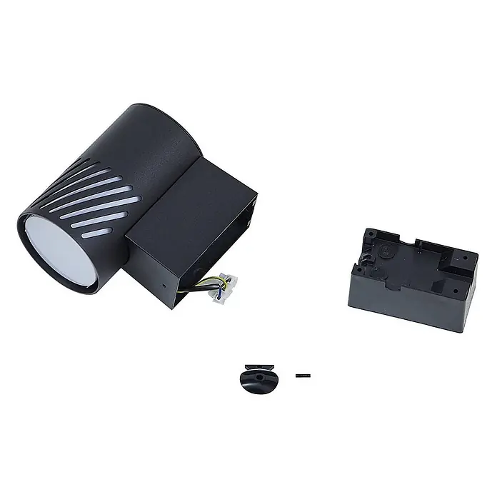 Lindby Außenwandleuchte Lurinda - 16,5 x 10,5 x 16,8 cm, schwarz, schwarz, IP44 - Zerlegte schwarze LED-Wandleuchte mit zylindrischem Leuchtenkopf, geschlitztem Design, Verkabelung, Montagebox und Kleinteilen.