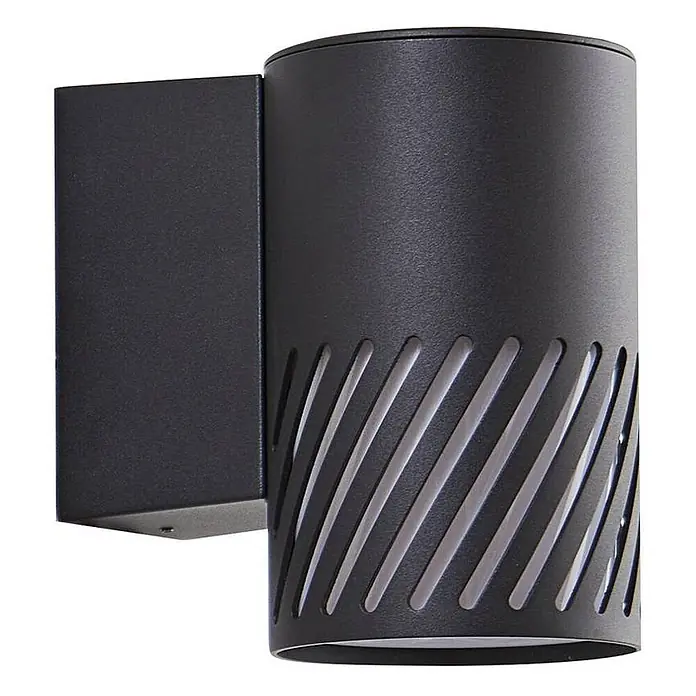 Lindby Außenwandleuchte Lurinda - 16,5 x 10,5 x 16,8 cm, schwarz, schwarz, IP44 - Mattschwarze zylindrische Wandleuchte mit quadratischem Sockel und diagonalem Lamellenmuster.