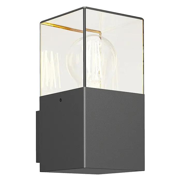 Lucande Außenwandleuchte Keke - schwarz, schwarz, IP44 - Moderne dunkelgraue Außenwandleuchte mit klarem Glasschirm und sichtbarer Vintage-Glühbirne.