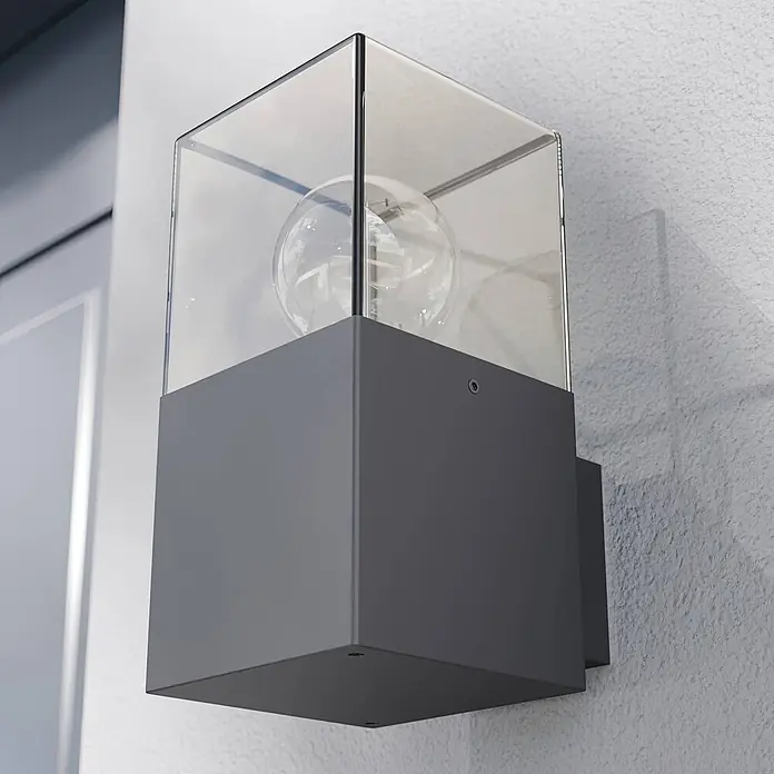 Lucande Außenwandleuchte Keke - schwarz, schwarz, IP44 - Moderne dunkelgraue Außenwandleuchte mit Klarglas und sichtbarer Glühbirne.
