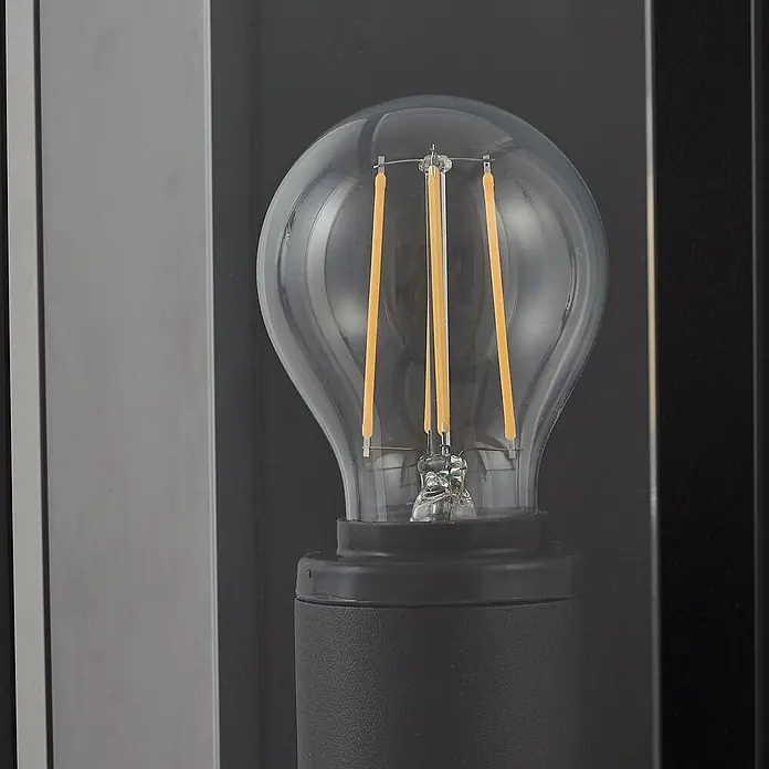 Lucande Außenwandleuchte Annalea - schwarz, IP54 - Klare Glas-LED-Filamentlampe mit schwarzem Sockel für moderne oder industrielle Leuchten.