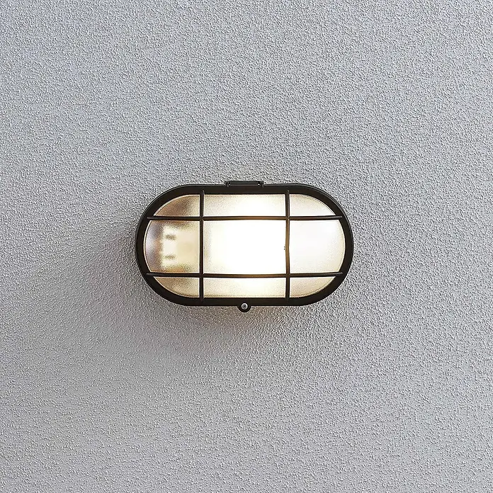 Lindby Außenwandleuchte Alisha - 9,3 x 22,3 x 12,8 cm, schwarz, schwarz, IP44 - Beleuchtete ovale Außenwandleuchte mit dunklem Metallgitterrahmen und Milchglas.