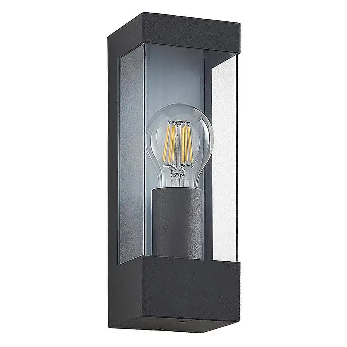 Lindby Außenwandleuchte Tilian - 8,5 x 9 x 25 cm, schwarz, schwarz, IP44 - Dunkelgraue Außenwandleuchte mit Klarglasscheiben und sichtbarer LED-Glühbirne.