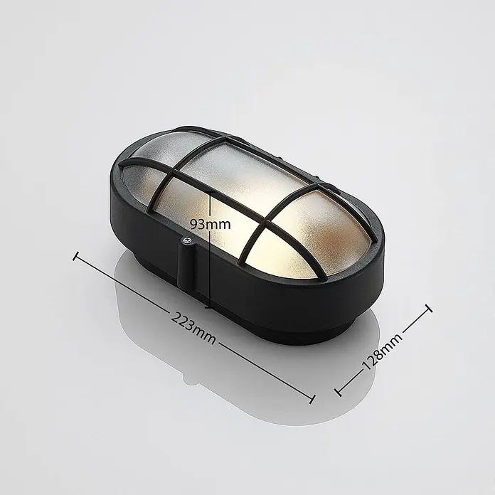 Lindby Außenwandleuchte Alisha - 9,3 x 22,3 x 12,8 cm, schwarz, schwarz, IP44 - Schwarze ovale Außenwandleuchte mit mattiertem Glas und Schutzgitter, Maße 223x128x93mm.