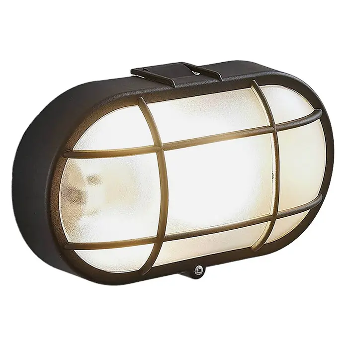 Lindby Außenwandleuchte Alisha - 9,3 x 22,3 x 12,8 cm, schwarz, schwarz, IP44 - Dunkle ovale Außenwandleuchte mit mattiertem Glas und Schutzgitter.