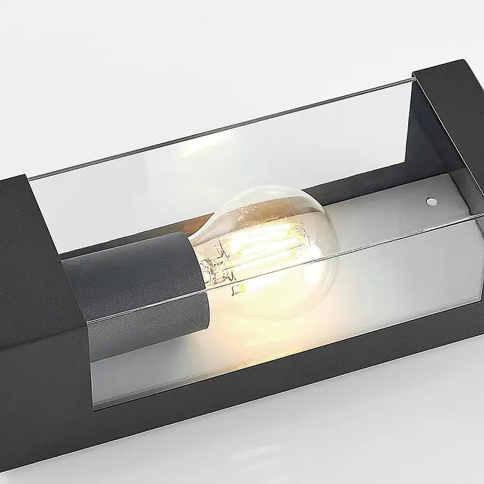 Lindby Außenwandleuchte Tilian - 8,5 x 9 x 25 cm, schwarz, schwarz, IP44 - Schwarze rechteckige Außenwandleuchte mit Klarglas und beleuchteter Filament-LED-Birne.