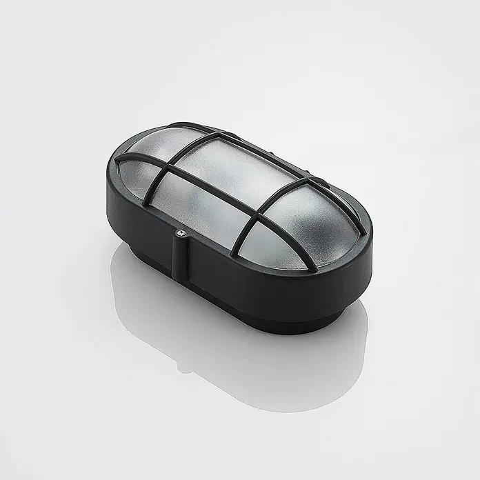 Lindby Außenwandleuchte Alisha - 9,3 x 22,3 x 12,8 cm, schwarz, schwarz, IP44 - Schwarze ovale Wandleuchte mit mattierter Abdeckung und Schutzgitter.