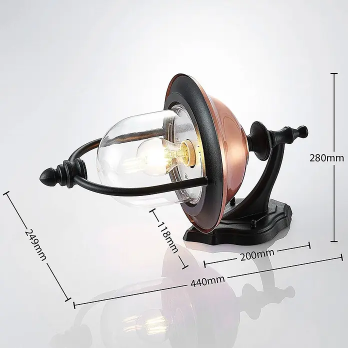 Lindby Außenwandleuchte Clint - kupfer, IP44 - Wandlampe im Industriestil mit klarem Glasschirm, Kupferreflektor und schwarzem Metallrahmen.