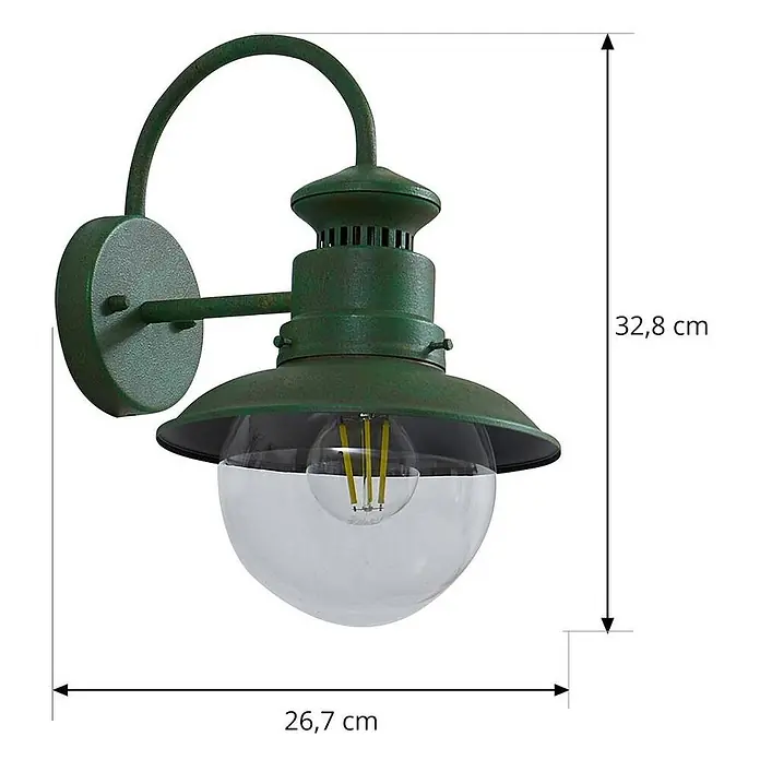 Lindby Außenwandleuchte Celinor - grün, grün, IP44 - Antike grüne Metall-Außenwandleuchte mit klarer Glaskugel und LED-Filamentbirne.