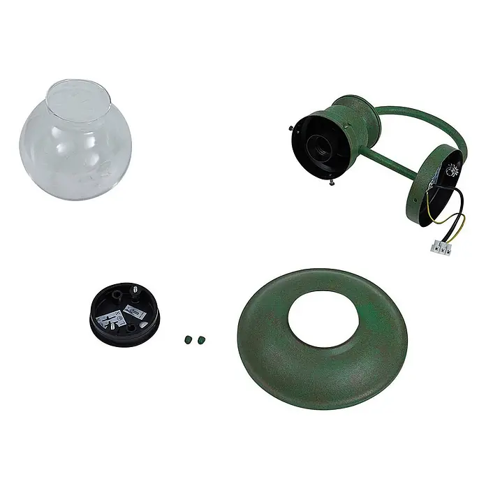 Lindby Außenwandleuchte Celinor - grün, grün, IP44 - Zerlegte grüne Wandleuchte aus Metall im Antik-Look mit klarer Glaskugel und Montageteilen.