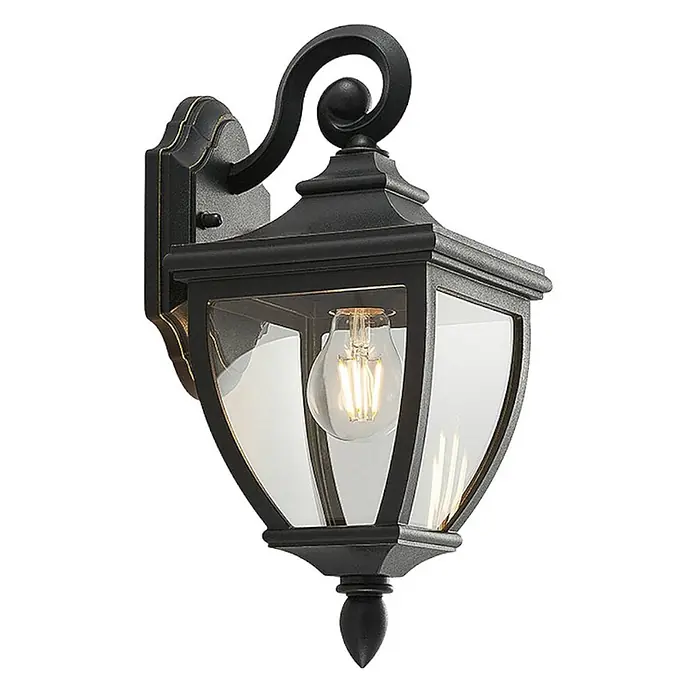 Lindby Außenwandleuchte Cerys - 19,5 x 16,5 x 37,2 cm, schwarz, IP44 - Schwarze Außenwandleuchte mit Klarglasscheiben und LED-Glühfadenbirne, klassischem Rollendesign und bronzefarbenen Akzenten.