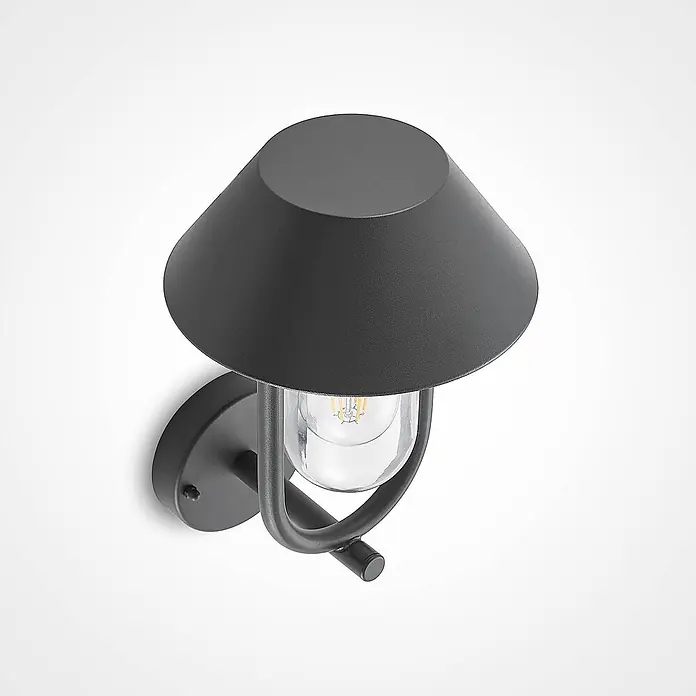 Lucande Außenwandleuchte Olinum - schwarz, schwarz, IP44 - Mattschwarze Außenwandleuchte mit konischem Schirm und klarem Glasgehäuse für eine sichtbare Filamentlampe.