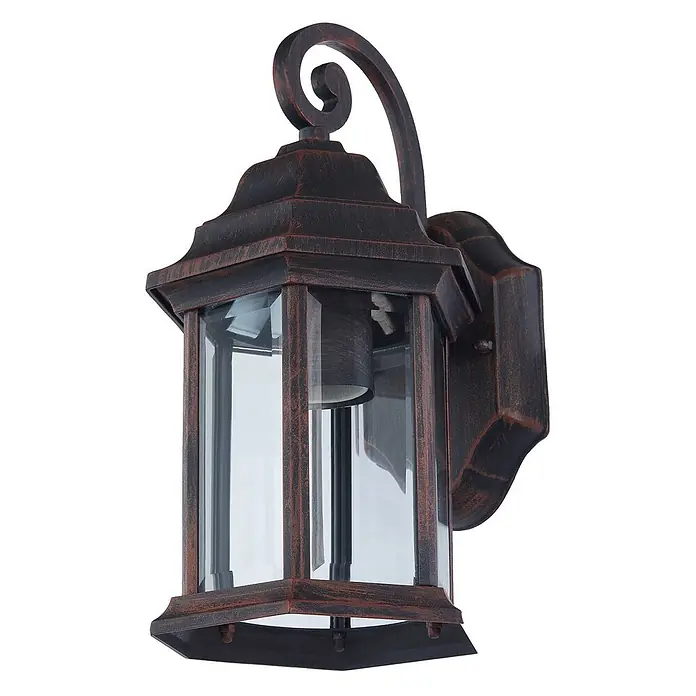 Lindby Außenwandleuchte Daaje - braun / rost, IP23 - Rostbraune Außenwandleuchte mit Klarglas, dekorativem Schnörkelarm und klassischem Rechteckdesign.