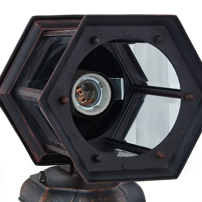 Lindby Außenwandleuchte Daaje - braun / rost, IP23 - Sechseckige Außenleuchte mit gealtertem Bronze-Finish, Klarglasscheiben und sichtbarer Lampenfassung.