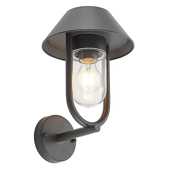 Lucande Außenwandleuchte Olinum - schwarz, schwarz, IP44 - Dunkelgraue Außenwandleuchte mit konischem Schirm, klarem Glasdiffusor und warmer Filament-LED-Birne.