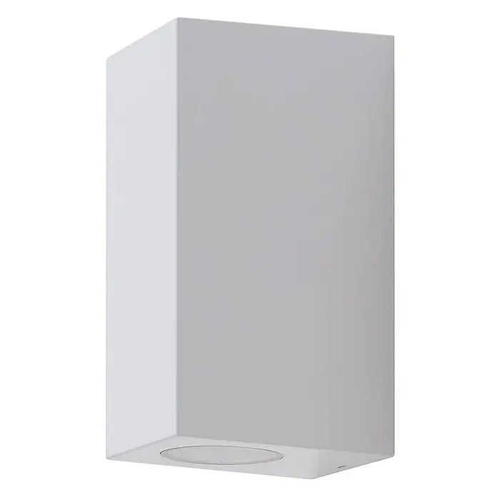Prios Außenwandleuchte Irfan - 8,9 x 6,8 x 15,5 cm, weiß / opal, IP44 - Weißer quaderförmiger Wandstrahler mit runder Lichtöffnung unten.