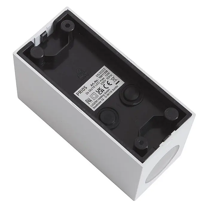 Prios Außenwandleuchte Irfan - 8,9 x 6,8 x 15,5 cm, weiß / opal, IP44 - Weiße rechteckige Außenwandleuchte mit Spezifikationen: 2x GU10 LED max. 10W, IP44.