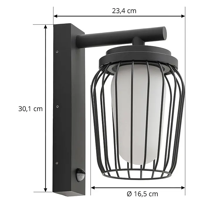 Lucande Außenwandleuchte Chandan - 23,4 x 16,5 x 30,1 cm, schwarz, schwarz, IP44 - Schwarze Außenwandleuchte mit Käfigdesign, weißem Diffusor und integriertem Bewegungssensor.