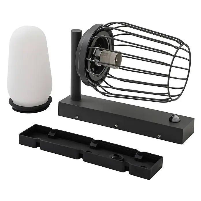 Lucande Außenwandleuchte Chandan - 23,4 x 16,5 x 30,1 cm, schwarz, schwarz, IP44 - Zerlegte schwarze Außenwandleuchte aus Metall mit Käfigschirm, weißem Glasdiffusor und Sensor.