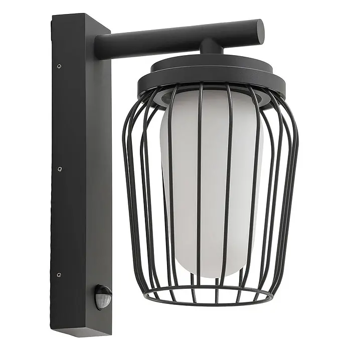 Lucande Außenwandleuchte Chandan - 23,4 x 16,5 x 30,1 cm, schwarz, schwarz, IP44 - Schwarze Außenwandleuchte mit Käfigdesign, weißem Diffusor und integriertem Bewegungsmelder.