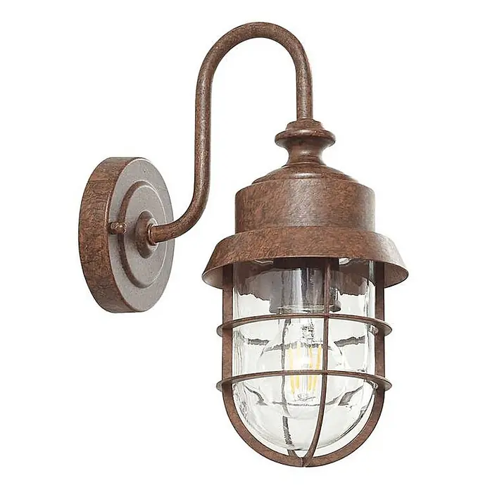 Lindby Außenwandleuchte Adalie - braun / rost, IP44 - Rustikale Wandleuchte mit Schwanenhals, wetterfestem Bronze-Finish, klarem Glasschirm und Schutzgitter.