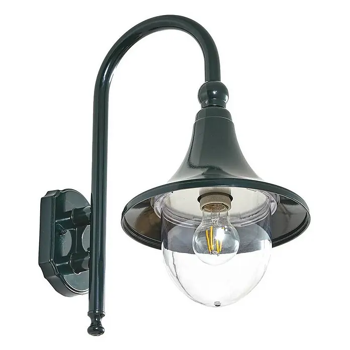 Lindby Außenwandleuchte Daphne - 35,5 x 24,5 x 44,2 cm, grün, grün, IP44 - Dunkelgrüne Außenwandleuchte mit gebogenem Arm, glockenförmigem Schirm und klarer LED-Lampenabdeckung.
