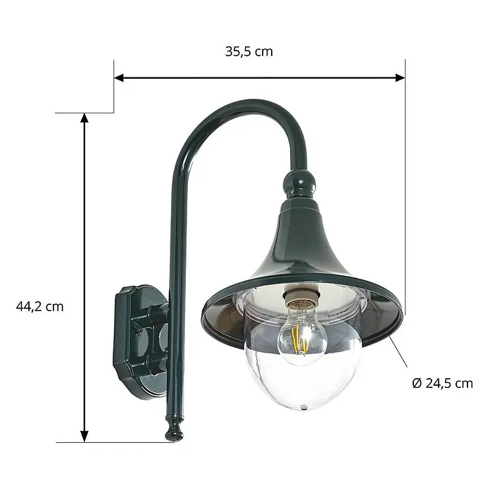 Lindby Außenwandleuchte Daphne - 35,5 x 24,5 x 44,2 cm, grün, grün, IP44 - Dunkelgrüne Außenwandleuchte mit klarer Glaskugel und sichtbarer Glühbirne.