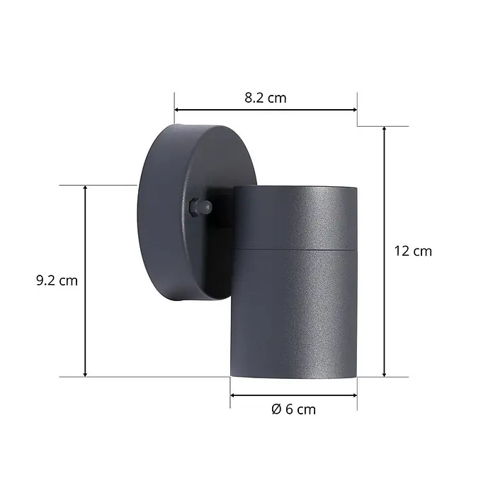 Prios Außenwandleuchte Tulimar - schwarz, schwarz, IP44 - Anthrazitfarbene zylindrische Wandleuchte mit runder Basis. Maße: Tiefe 8,2cm, Basis Ø 9,2cm, Höhe 12cm, Zylinder Ø 6cm.