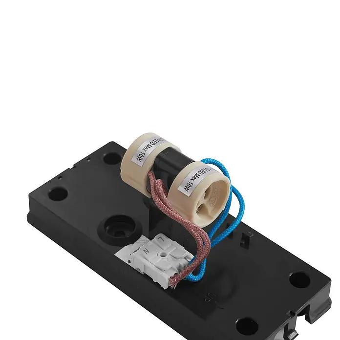 Prios Außenwandleuchte Irfan - weiß / opal, IP44 - Schwarze Elektrobasis mit zwei beigen LED-Lampenfassungen (max. 10W) und weißer Klemmenleiste mit Kabeln.