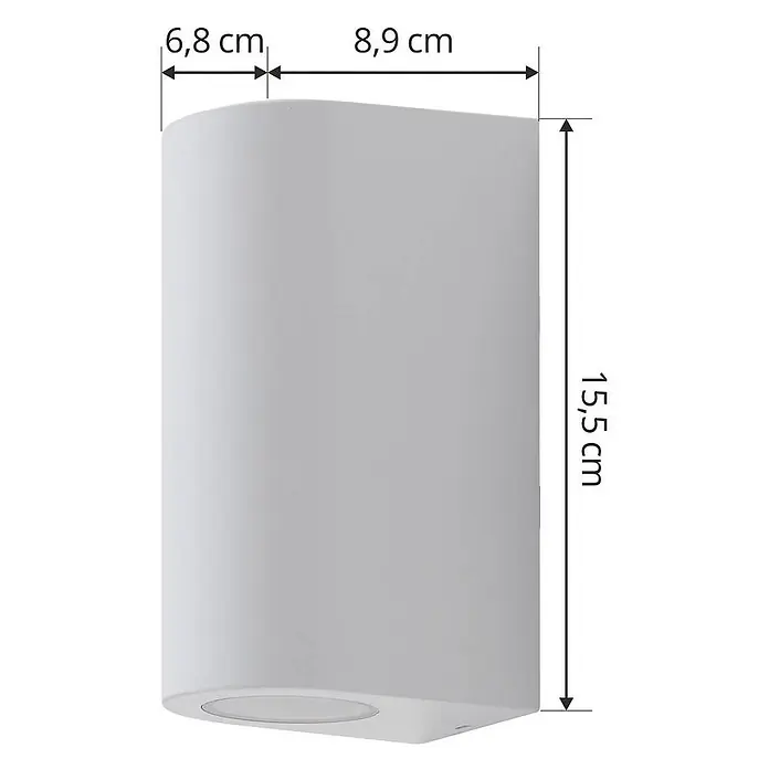 Prios Außenwandleuchte Irfan - weiß / opal, IP44 - Weiße, rechteckige Wandlampe mit gewölbter Vorderseite und angezeigten Maßen.