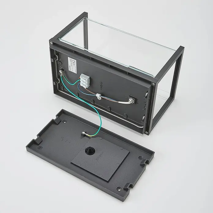 Lucande Außenwandleuchte Annalea - schwarz, klar / transparent, IP54 - Demontierte dunkelgraue Außenlampe mit Klarglas, zeigt Innenverkabelung und abgenommene Montagebasis.