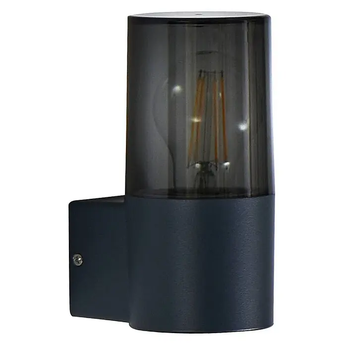 Lindby Außenwandleuchte Heulo - 10,8 x 8 x 16,7 cm, schwarz, schwarz, IP44 - Dunkelgraue Außenwandleuchte mit rauchigem Glaszylinder und LED-Filamentlampe.