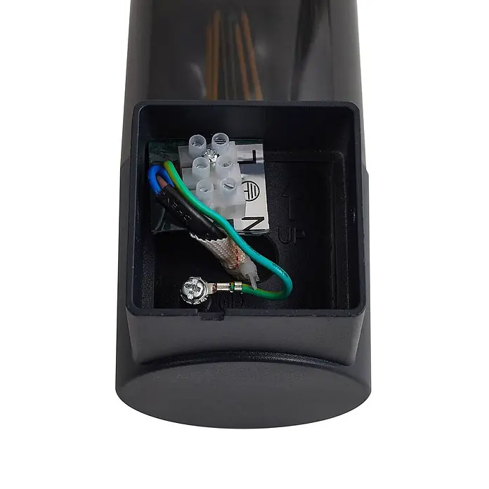 Lindby Außenwandleuchte Heulo - 10,8 x 8 x 16,7 cm, schwarz, schwarz, IP44 - Schwarze Elektroarmatur mit freiliegender Innenverdrahtung, inklusive Klemmenblock und Erdungsanschluss.