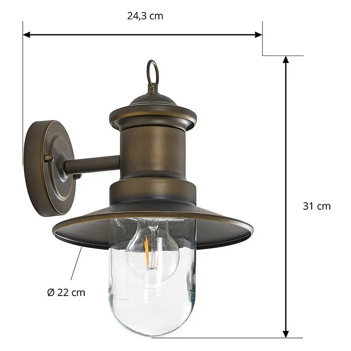 Lindby Außenwandleuchte Eloretta - messing / gold, messing / gold, IP44 - Antik-Messing-Außenwandleuchte mit Klarglas und sichtbarer LED-Birne im klassischen Schiffsdesign.