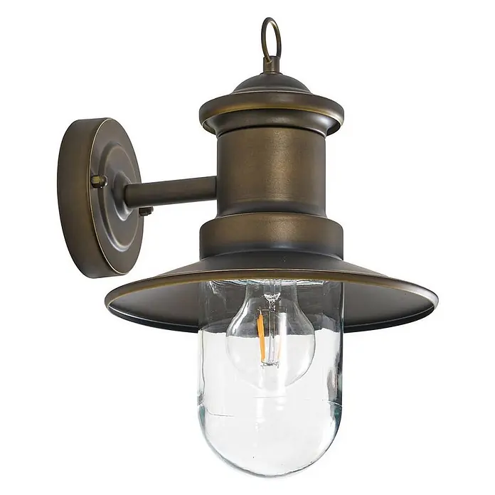 Lindby Außenwandleuchte Eloretta - messing / gold, messing / gold, IP44 - Außenwandleuchte aus antikem Messing mit klarem Glasschirm und sichtbarer LED-Glühbirne.