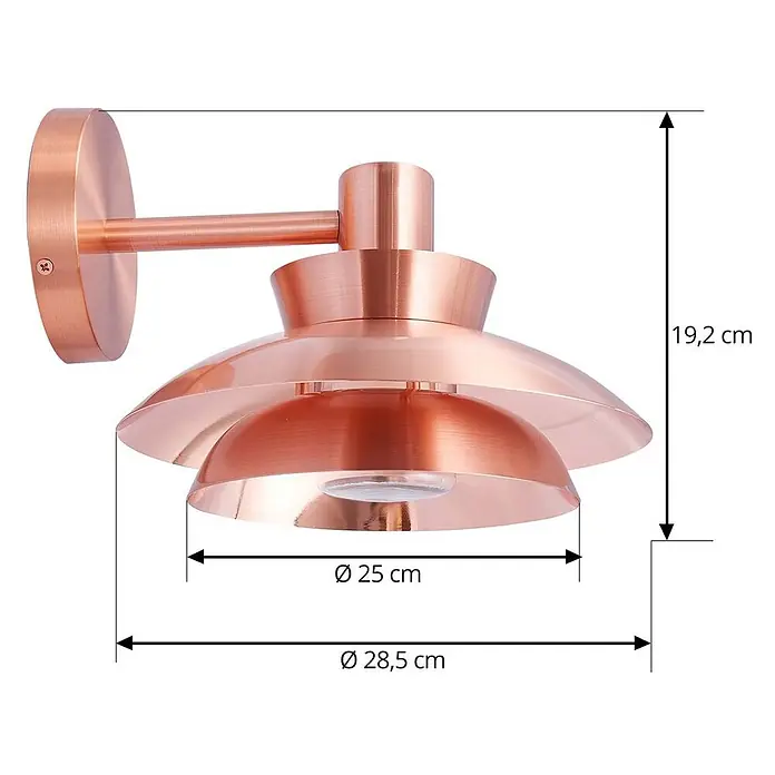 Lucande Außenwandleuchte Thais - kupfer, IP44 - Kupferfarbene Wandleuchte mit gestuften Schirmen, 19,2 cm hoch und 28,5 cm breit.