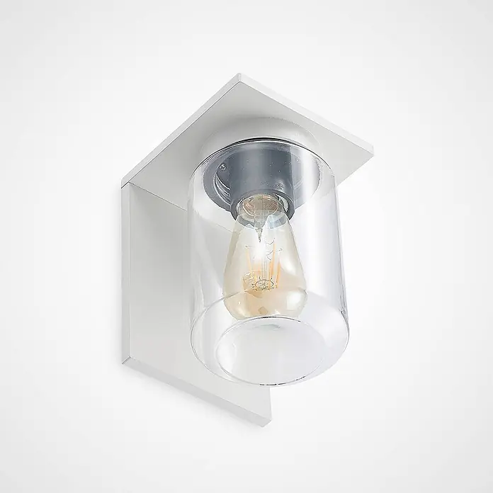 Lucande Außenwandleuchte Semka - weiß / opal, klar / transparent, IP54 - Moderne weiße Wandleuchte mit klarem Glasschirm und sichtbarer Glühbirne.