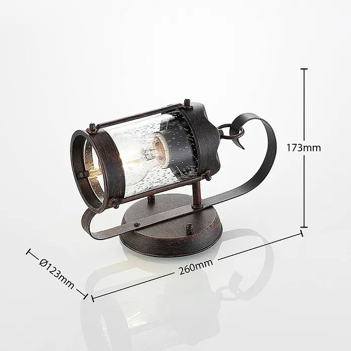 Lindby Außenwandleuchte Farly - 17,3 x 9,2 x 26 cm, braun / rost, IP23 - Rustikale Wandleuchte aus dunklem Altkupfer mit klarem, blasigem Glasschirm und sichtbarer Glühbirne.