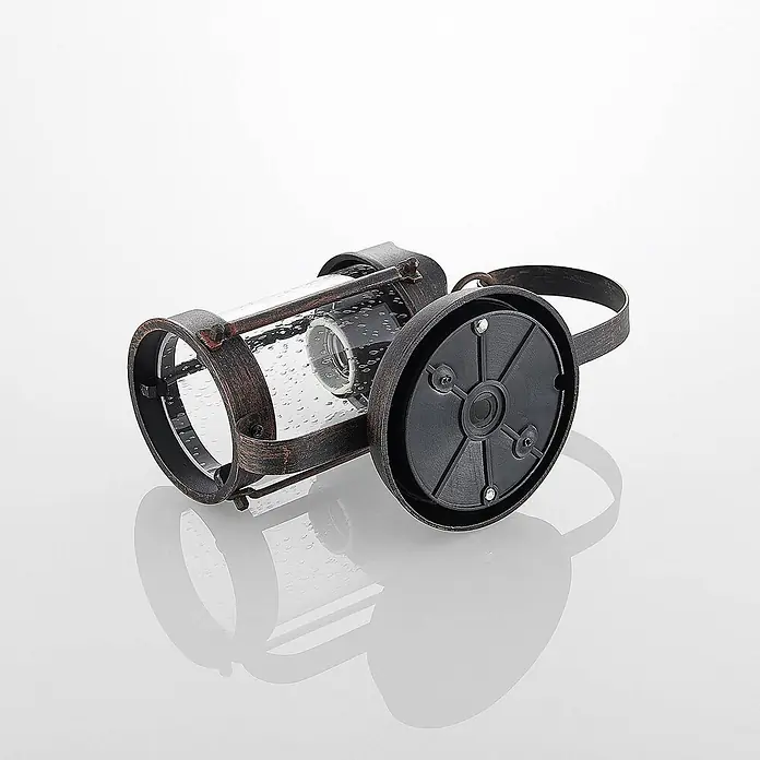 Lindby Außenwandleuchte Farly - 17,3 x 9,2 x 26 cm, braun / rost, IP23 - Industrielle Laterne mit strukturiertem Glaszylinder, dunklem Metallrahmen in Used-Optik und schwarzer Endkappe, mit einer Glühbirnenfassung.