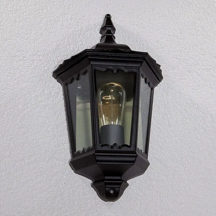 Lindby Wandleuchte aussen in schwarz, transparent, Aussenlampe Wand -  - Schwarze Außenwandleuchte mit sechseckigem Rahmen, Klarglas und sichtbarer Vintage-Glühbirne.
