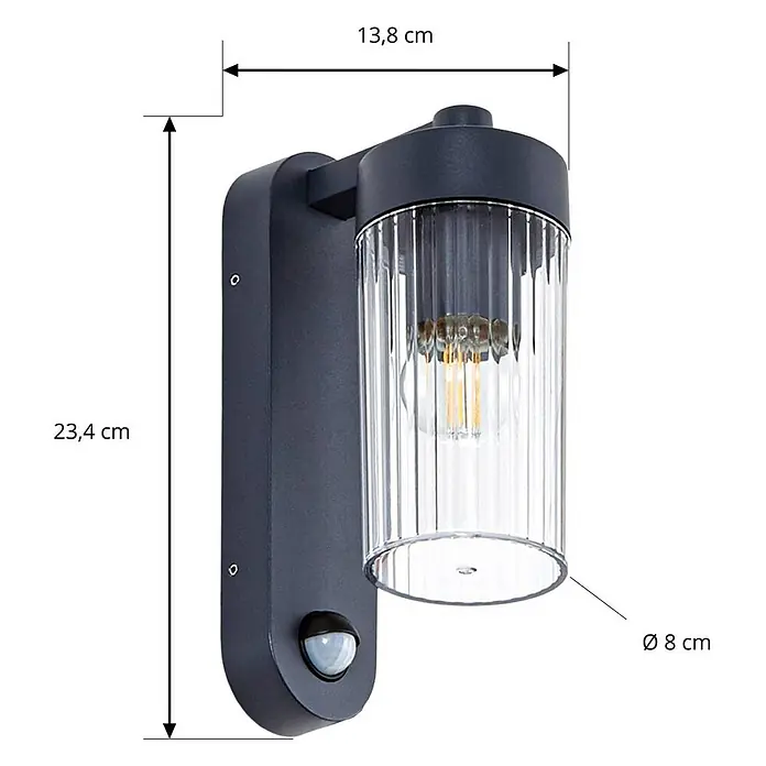 Lindby Außenwandleuchte Kaliro - 13,8 x 8 x 23,4 cm, schwarz, klar / transparent, IP54 - Dunkelgraue Außenwandleuchte mit geripptem Glas, sichtbarer Glühbirne und Bewegungsmelder.