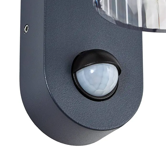 Lindby Außenwandleuchte Kaliro - 13,8 x 8 x 23,4 cm, schwarz, klar / transparent, IP54 - Dunkelgraue Außenwandleuchte mit strukturierter Oberfläche und integriertem Bewegungsmelder.