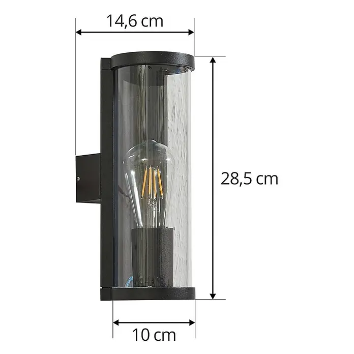Lucande Außenwandleuchte Zanta - schwarz, alu / grau / zink, IP65 - Schwarze Wandleuchte aus Metall mit Klarglaszylinder und sichtbarer LED-Glühlampe. H 28,5 cm.
