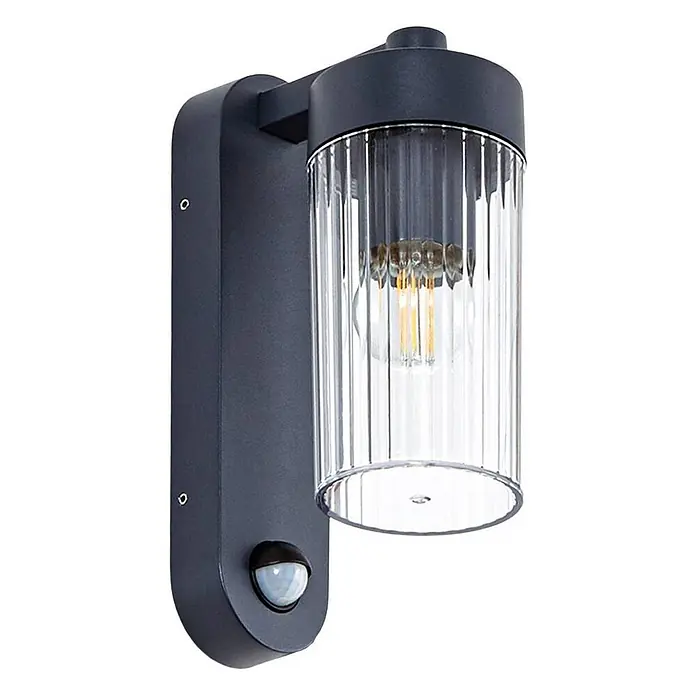 Lindby Außenwandleuchte Kaliro - 13,8 x 8 x 23,4 cm, schwarz, klar / transparent, IP54 - Anthrazitfarbene Außenwandleuchte mit geripptem Glaszylinder, sichtbarer LED-Glühbirne und integriertem Bewegungssensor.
