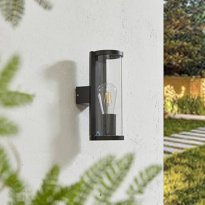 Lucande Außenwandleuchte Zanta - schwarz, alu / grau / zink, IP65 - Schwarze Außenwandleuchte mit klarem Glaszylinder und Edison-LED-Birne.
