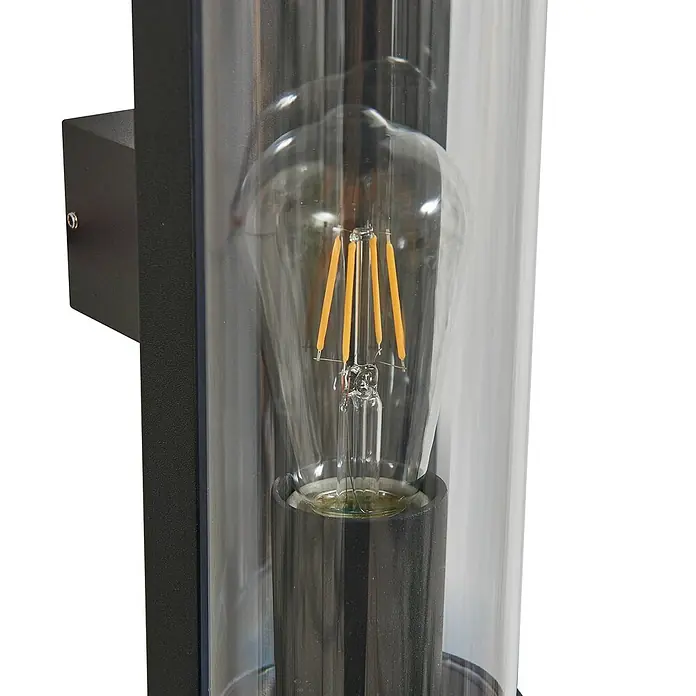 Lucande Außenwandleuchte Zanta - schwarz, alu / grau / zink, IP65 - Schwarze Außenwandleuchte mit klarem Glaszylinder und sichtbarer Vintage-LED-Glühbirne.