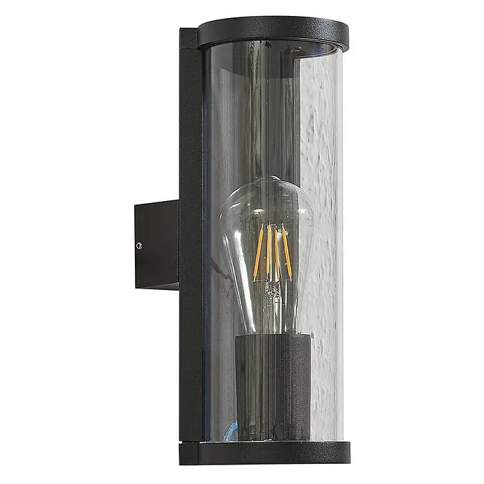 Lucande Außenwandleuchte Zanta - schwarz, alu / grau / zink, IP65 - Schwarze Außenwandleuchte mit klarem zylindrischem Glasschirm und LED-Filamentlampe.