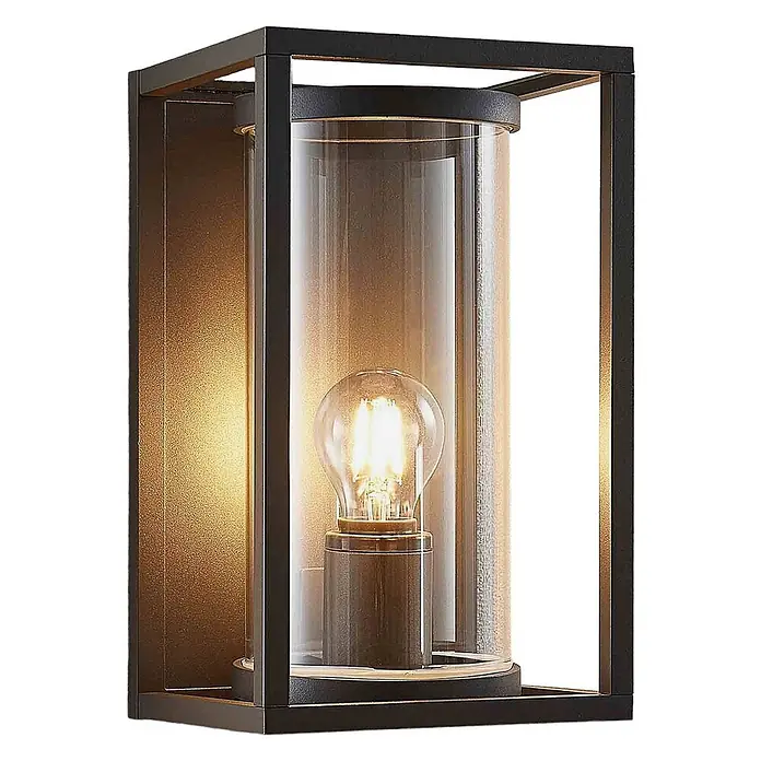 Lucande Außenwandleuchte Brienne - alu / grau / zink, IP54 - Schwarze Metall-Außenwandleuchte mit klarem Glaszylinder und sichtbarer warmer LED-Birne.