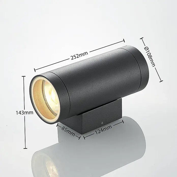 Lucande Außenwandleuchte Thomke - alu / grau / zink, alu / grau / zink, IP65 - Schwarze zylindrische Außenwandleuchte mit Up/Down-Beleuchtung.