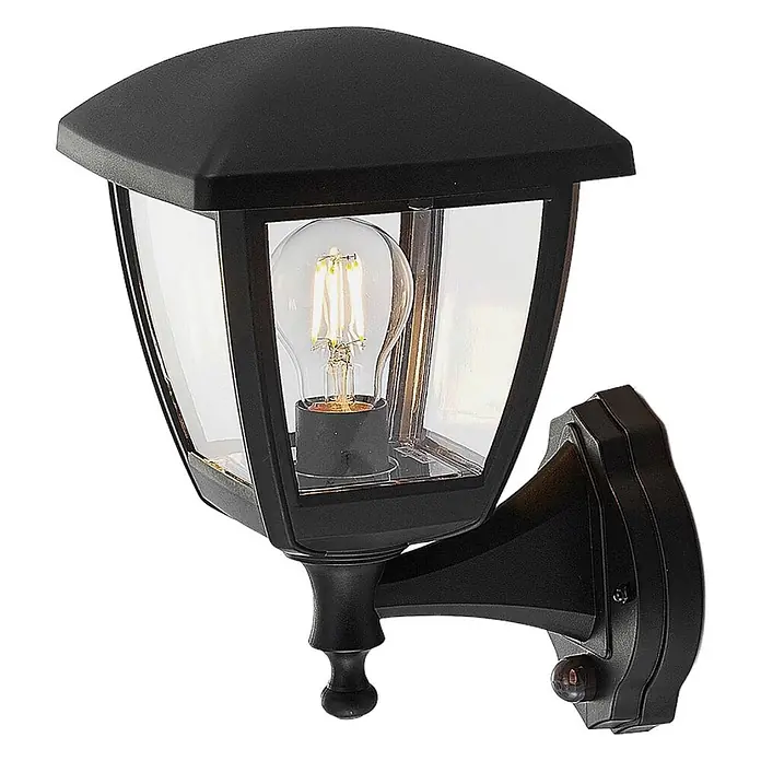 Lindby Außenwandleuchte Acelya - schwarz, schwarz, IP44 - Schwarze Außenwandleuchte mit Klarglas, sichtbarer LED-Glühlampe und Bewegungssensor.